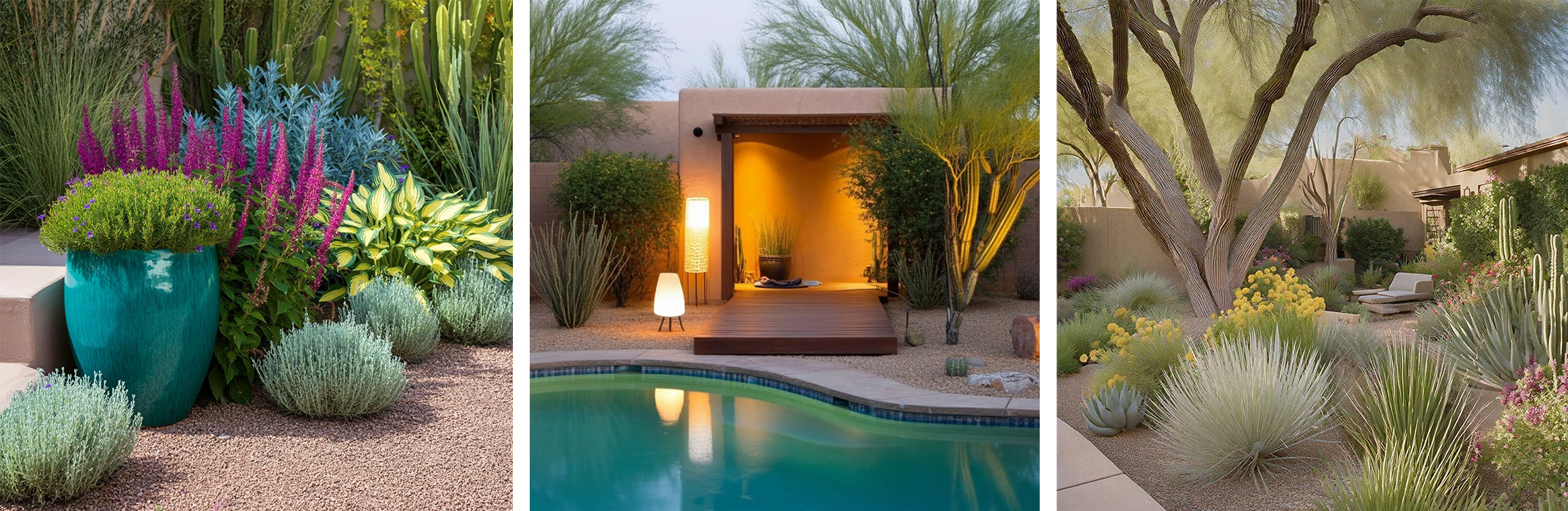 3 Photos of 2025 Garden Trends: A variety of plants with teal accents, a poolside yoga deck with modern lighting, a lush landscape with desert-friendly plants.