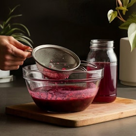 A step in the making a shrub drink recipe - straining the pulp.