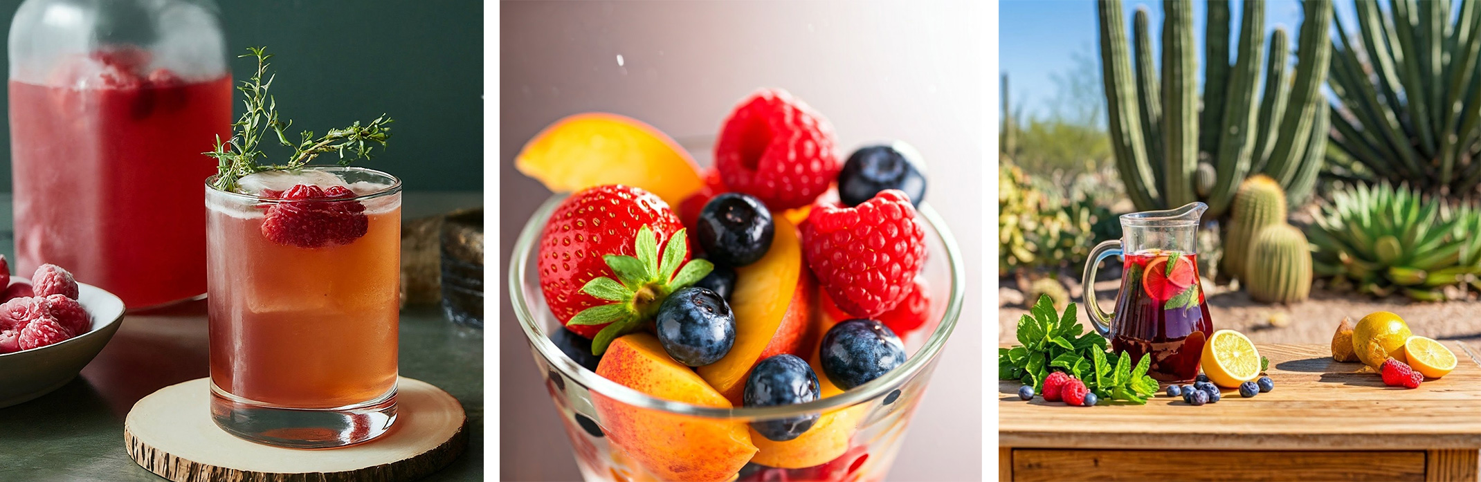 3 images related to the making of a fresh-made shrub drink.
