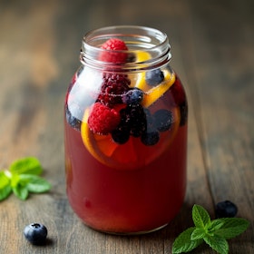 A bottle of fresh-made shrub drink.