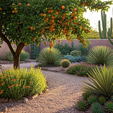 An orange tree surrounded by desert plants and blooms and a stone pathway.