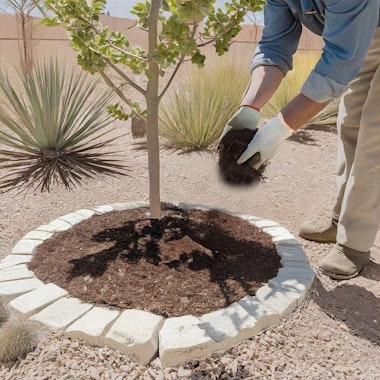 A person adding mulch to their fruit tree in their Southwest garden.