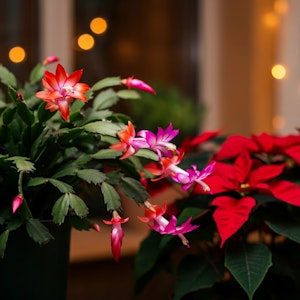 A red holiday cactus and a red poinsettia plant indoors with string lighting.