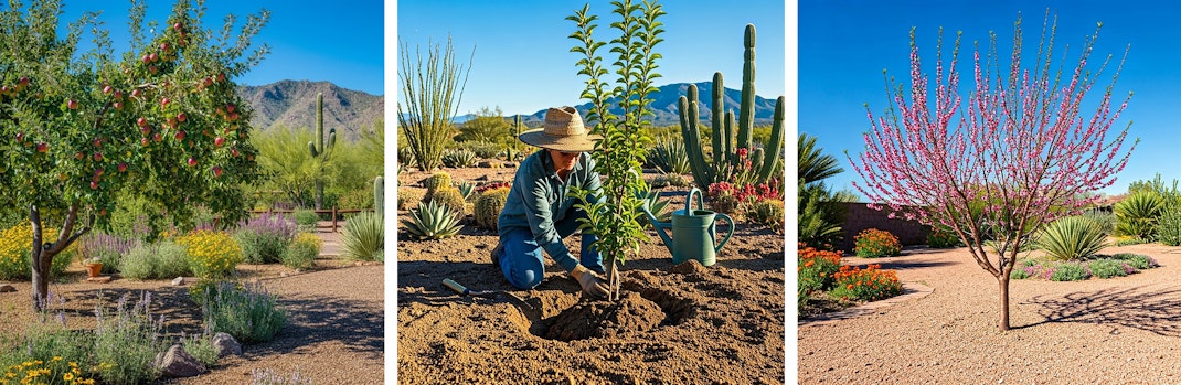 3 images of deciduous fruit trees in a Southwest garden. One being planted, one in bloom and one grown with fruits. 3 different gardens.