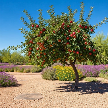 A deciduous fruit tree in a Southwest garden with yellow and purple shrubs nearby.