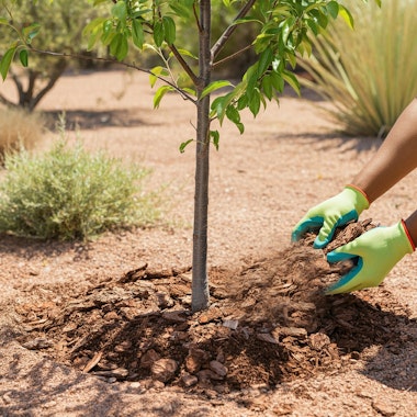 Adding mulch to a young fruit tree in a desert garden.