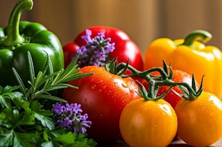 A vareity of fresh-picked peppers, herbs and tomatoes on a table.