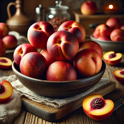 freckle face nectarine piled intoa bowl on the counter