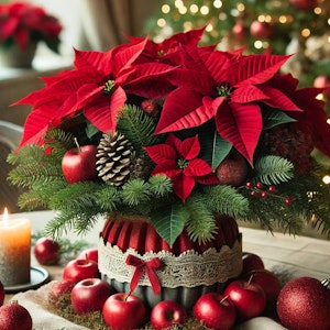 poinsettia as a centerpiece topped with apples and surrounded by them