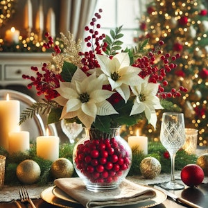 white poinsettias in vase with cranberry branches and the vase filled with cranberries in holiday setting