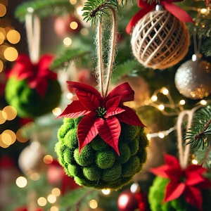 fresh poinsettia adorning a moss ball as an ornament