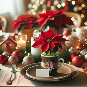 cute tea cup with fresh poinsettia on table setting