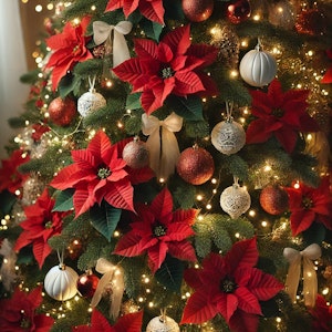 christmas tree decorated with fresh poinsettias