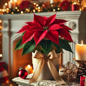 poinsettia in a simple yet elegant pot and bow in christmas setting