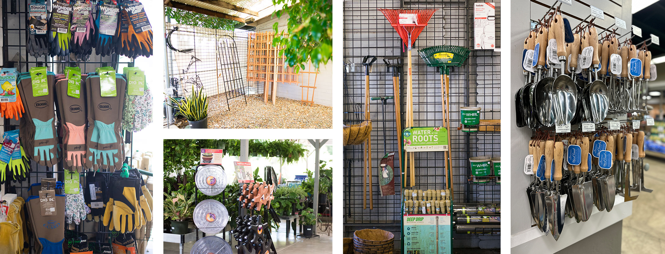 A collage of 5 images - A variety of garden gloves on display, garden trellises and hooks, plant saucers and rolling planter stand near houseplants, a variety of large garden tools on display, and a variety of garden hand tools on display