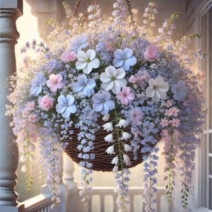 spring pastel dream hanging basket created through ai