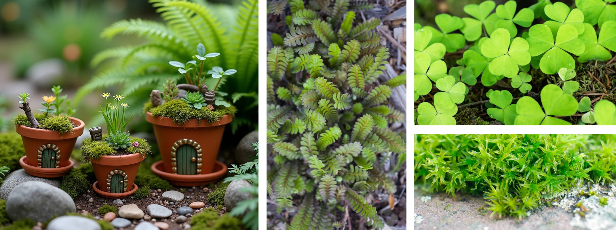 create a leprechaun garden  with oxalis, pottery, ground covers and other natural elements
