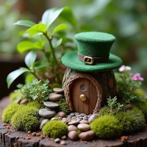 leprechaun garden created by ai made with live plants, pebbles, little house on stump