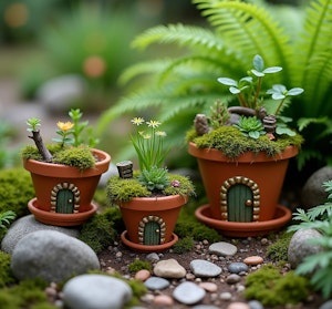 leprechaun garden created by ai in terra cotta pots, live plants, rocks and pebbles