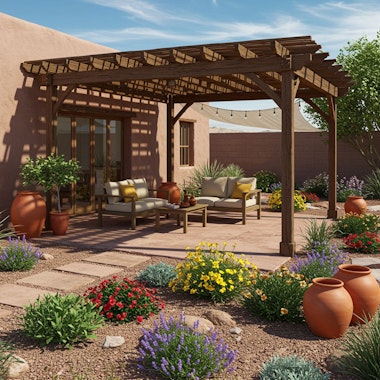 Southwest Patio and Backyard with plants, pergola and shade cloth.