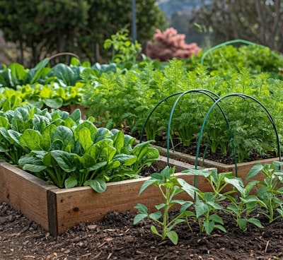 raised bed garden with growing vegetables