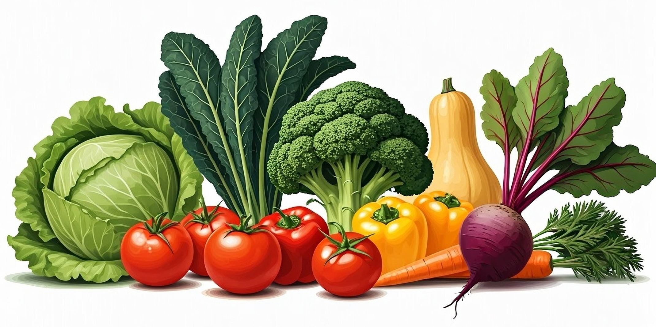 illustration of lettuce, chard, tomatoes, squash, broccoli, peppers, carrots and beets