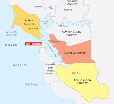 California bay area map showing marin, santa clara and alameda counties