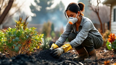 woman in protective wear, cleaning up her yard after nearby wildfire