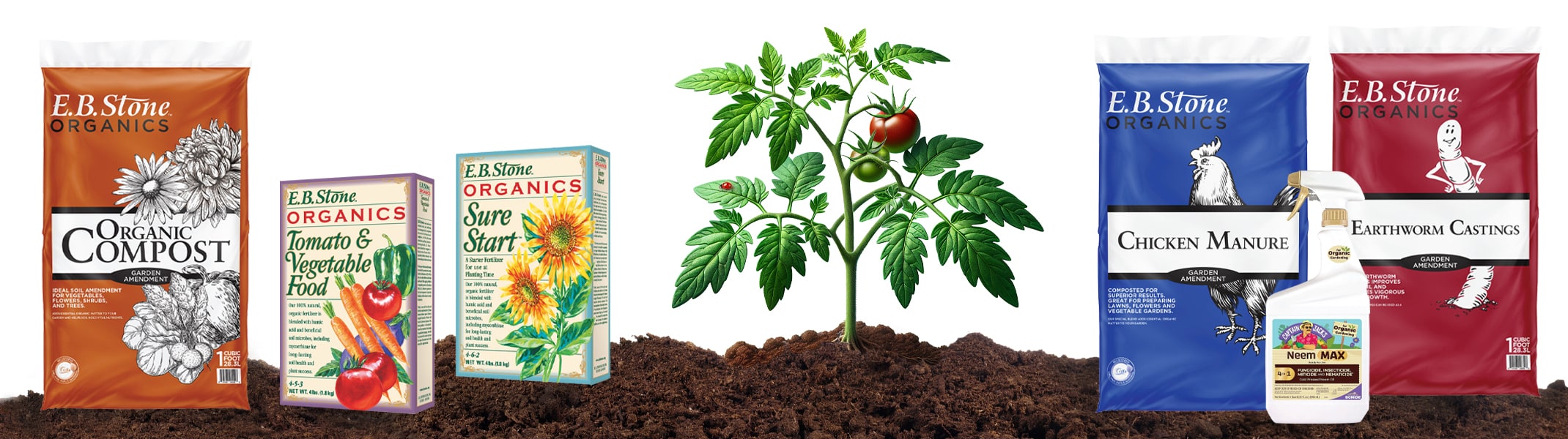 eb stone organic compost, tomato and vegetable food, sure start, chicken manure, earthworm castings and bonide captain jacks neem max with tomato plant
