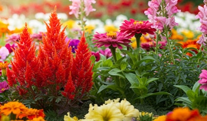 full sun perennials celosia, petunias, snapdragons, and marigolds