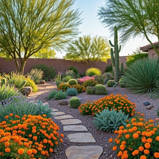 A lush Southwest Back Yard A lush Southwest Back Yard with beautiful flowers, shrubs, cacti, succulents and trees.