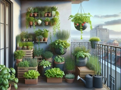 small space edible gardening balcony with edible plants growing in containers