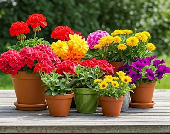 assorted flowering plants in assorted pots sitting together on table