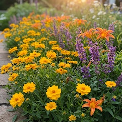 sunny border color combinations marigolds, tiger lilies and salvia