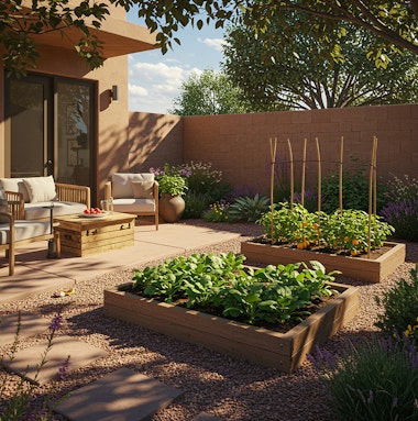A patio, seating area, raised garden, plants and trees in a healthy desert backyard garden.