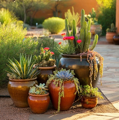 Six planted containers of varying sizes being watered by drip system in a desert yard.