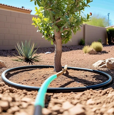 Drip irrigation around the base of a young tree in a desert garden.