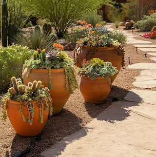 Planted Containers Being Watered by Drip System Several planted containers being watered by a drip system in a desert garden near a pathway.