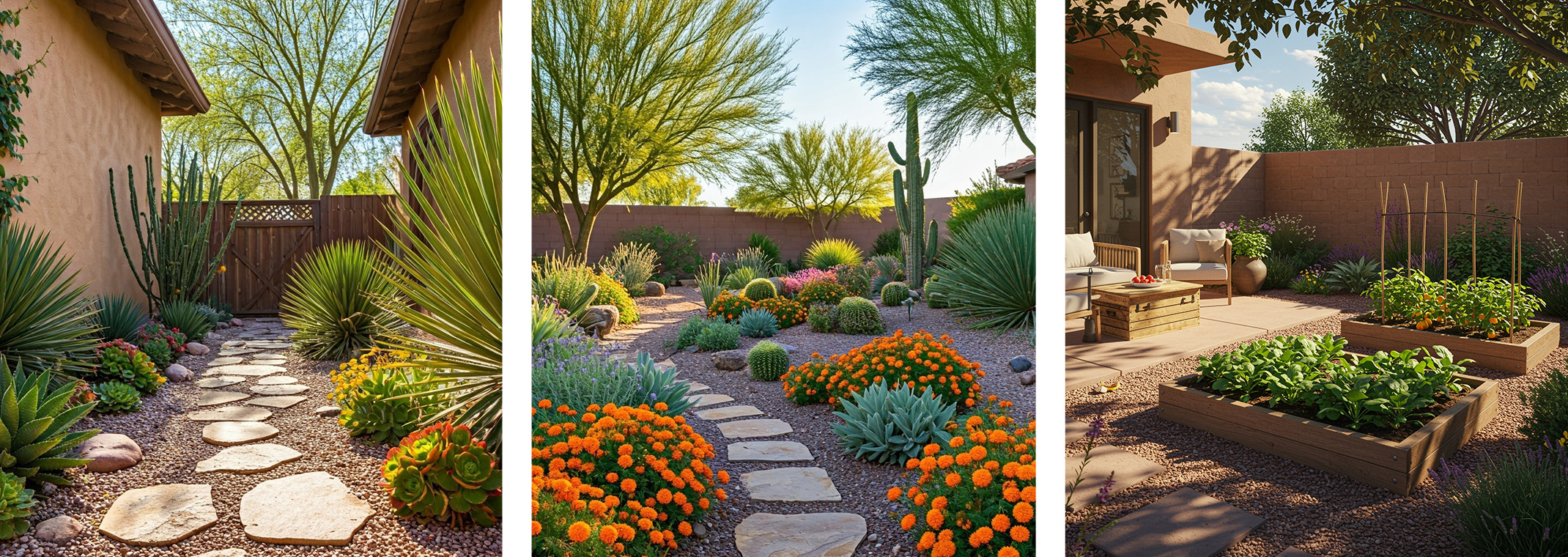 3 images of healthy desert home gardens and landscapes.