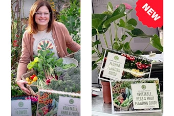 A photo of Angela Judd with a beautiful vegetable harvest, and her Flower Planting Guide, and her Vegetable, Herb & Fruit Planting Guide, with houseplants in the background.