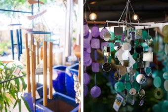 Wind Chimes made from different materials: metal, wood, glass, and shells.