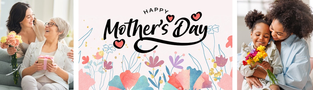 A Happy Mother's Day graphic with flowers sandwiched between two images of daugthers with their moms.