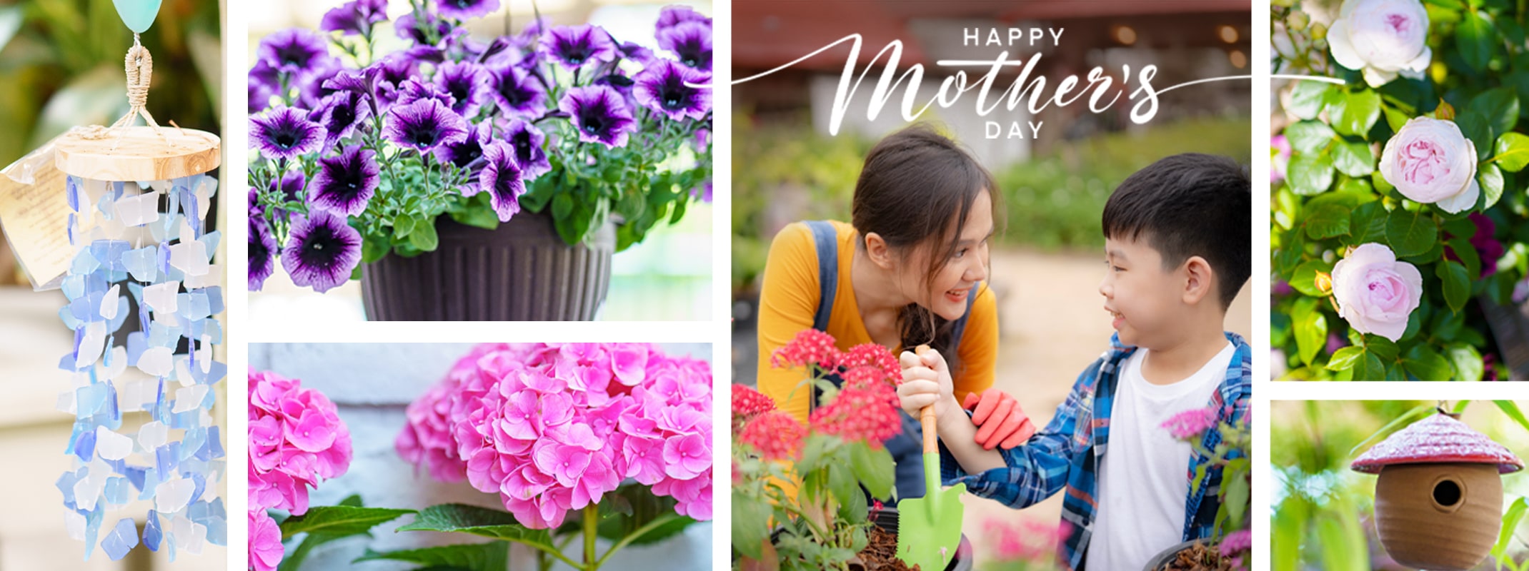 happy mother's day banner hanging baskets, chimes, roses, hydrangeas, bird house happy mother's day hanging baskets, chimes, roses, hydrangeas, bird house