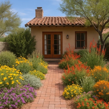 A cottage style garden in the Southwest with a variety of native and desert adapted plants.