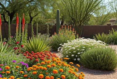 Layers of colorful native and desert-adapted plants in a Southwest garden.