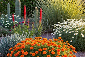 A close up of a cottage-style garden with native & desert-adapted plants in the Southwest.