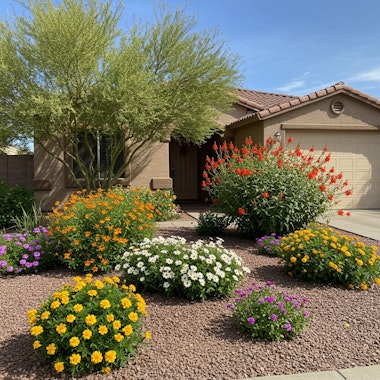 Colorful native and desert-adapted plants in the front yard of Southwest home in a cottage style garden.