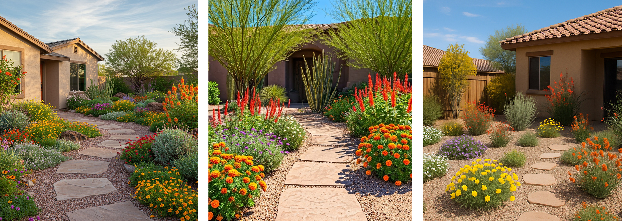 3 different Southwest gardens with native and desert-adapted plants in a cottage garden style.