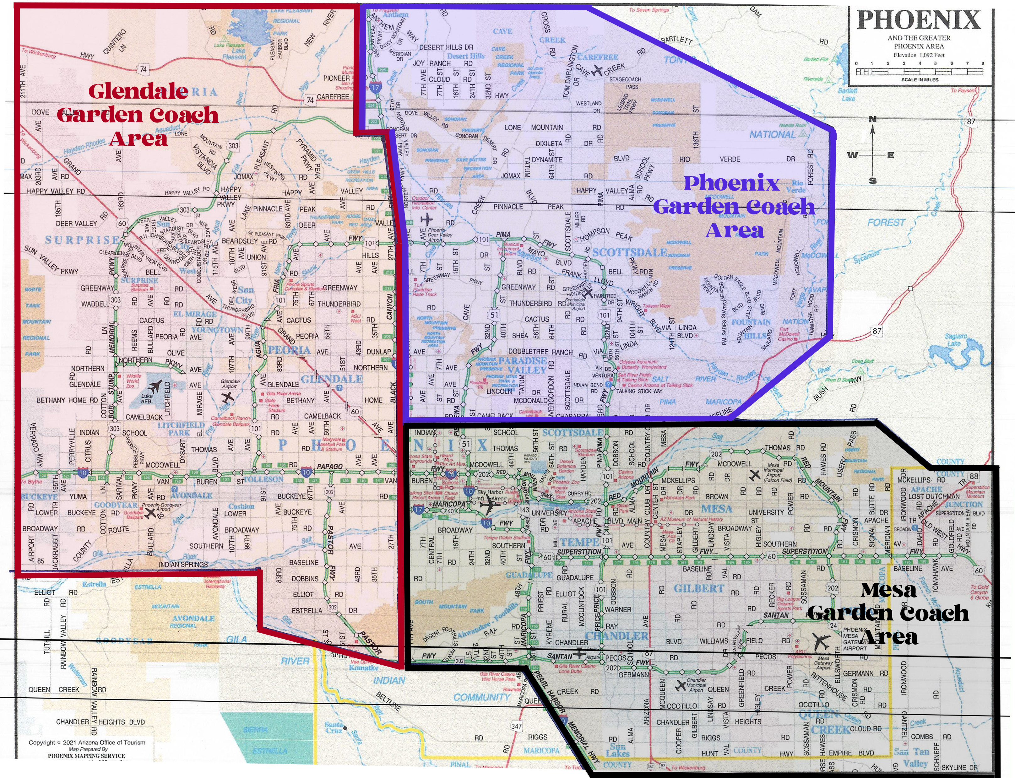 A map of 3 outlined areas of where each SummerWinds store's Garden Coach serves in the Metro Phoenix Area.