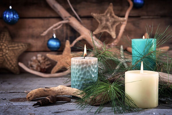 holiday decor evergreens driftwood candles summerwinds california